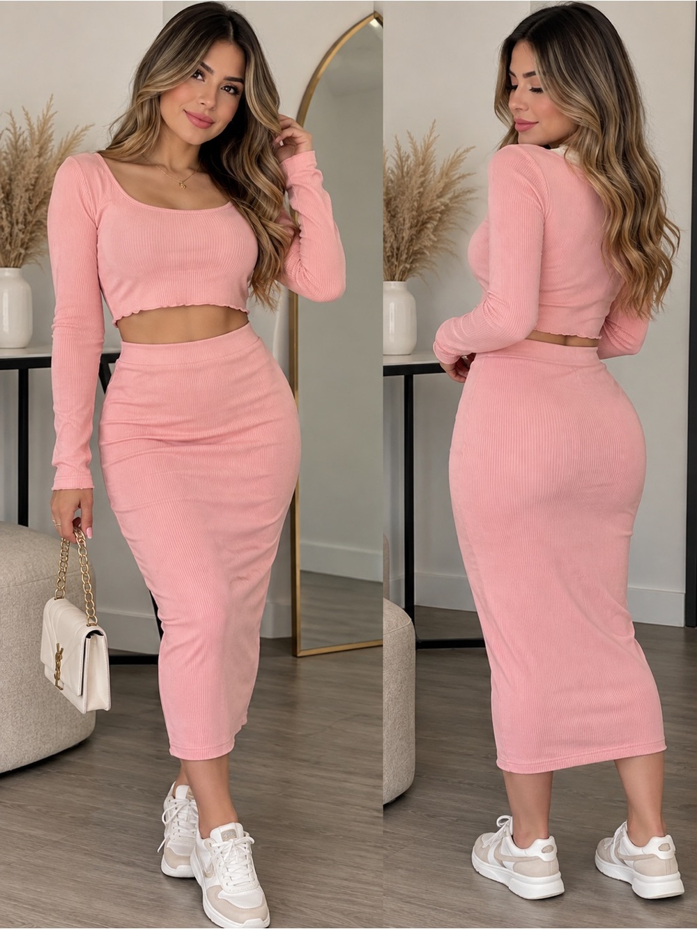 SHEIN Blush Pink Ribbed Two-Piece Midi Skirt Set